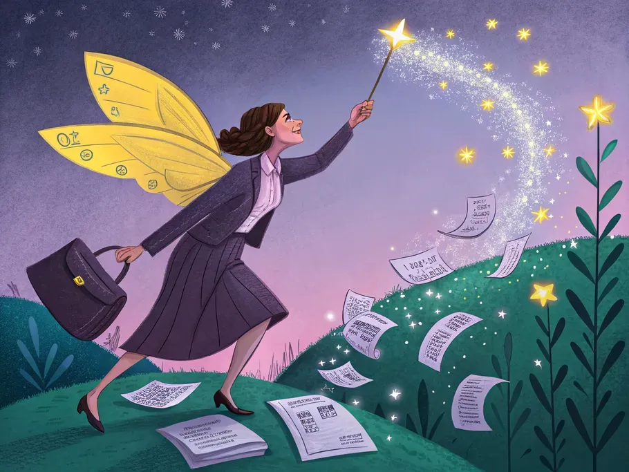 A fairy godmother in business attire waving a glowing ledger wand over floating financial statements, symbolizing adjusting entries.