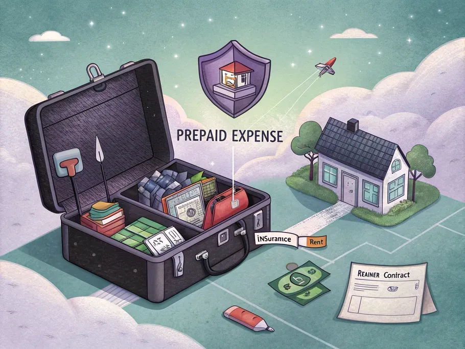 Isometric illustration of a toolbox filled with prepaid expense items, including an insurance policy, rent, software subscriptions, and advertising banners.