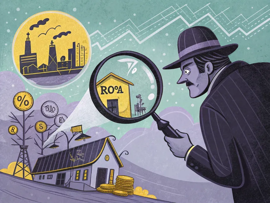 A whimsical detective examining ROA percentages and industry scenes through a magnifying glass.