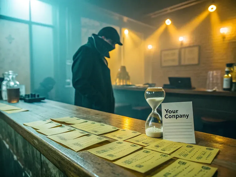 An old-fashioned wooden bar counter filled with glowing bar tabs and receipts, symbolizing the importance of accounts payable.