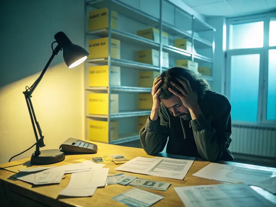 A small business owner feeling overwhelmed by bad debt with unpaid invoices scattered on the desk.