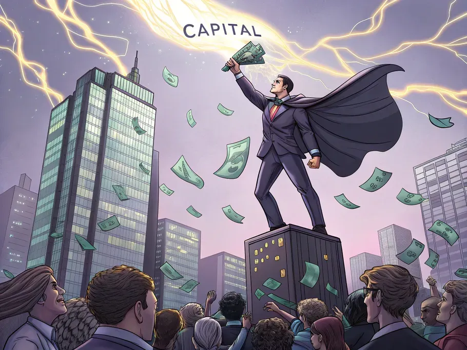 A superhero in a business suit stands on top of a skyscraper, summoning golden lightning labeled 'CAPITAL' while holding a briefcase of cash.