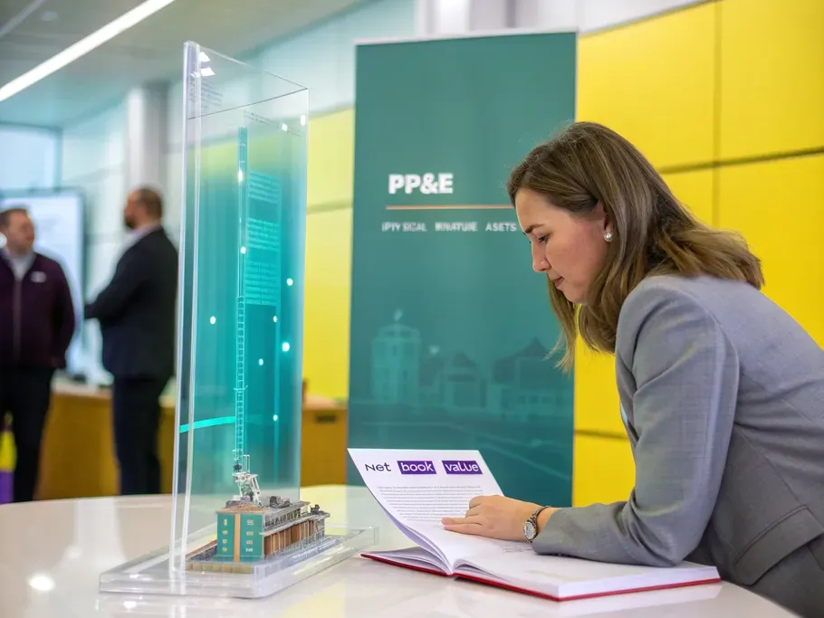 A transparent glass book displaying a 3D holographic balance sheet with miniature assets and financial data in a corporate boardroom.