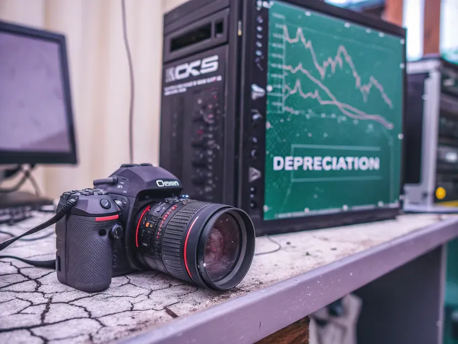 A worn camera next to a server rack displaying a depreciation graph.