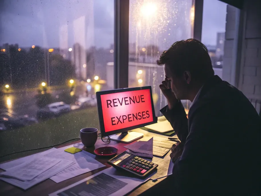 A contemplative business owner at a dimly lit desk examines financial documents with a red computer screen showing negative numbers.