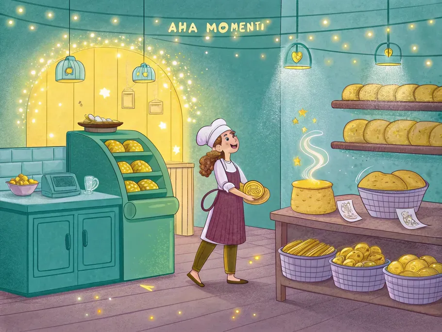 A warm-toned illustration of a cozy bakery with a glowing interior and a female baker experiencing an 'aha moment'.
