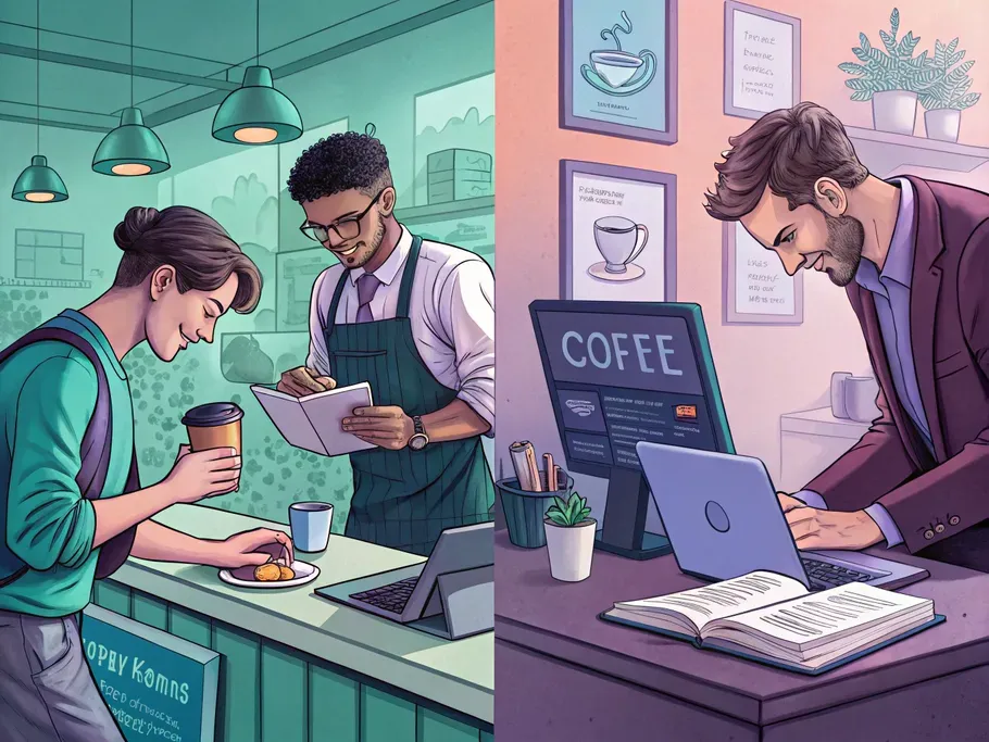Dynamic illustration of three accounting scenarios: a coffee shop owner, a tech entrepreneur, and a finance intern.