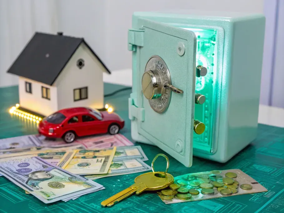 A modern safe with symbolic representations of future services alongside coins and cash.