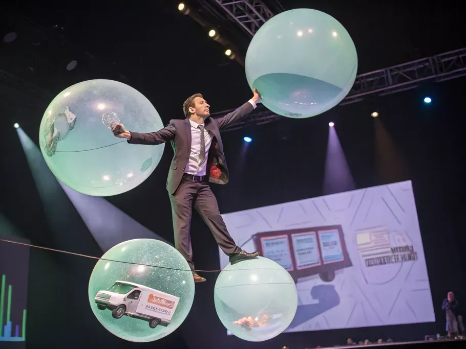 A professional circus performer in a business suit juggling glowing spheres on a tightrope made of contract documents, symbolizing revenue recognition principles.