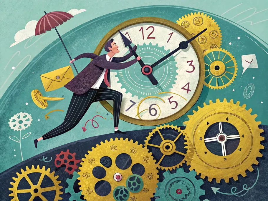 An illustrated scene featuring a clock with its hands frozen in time, surrounded by gears and playful shapes representing financial concepts.