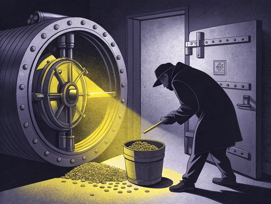 A dark illustration of a cloaked figure siphoning gold coins from a secured vault, symbolizing internal fraud risks in accounts payable.