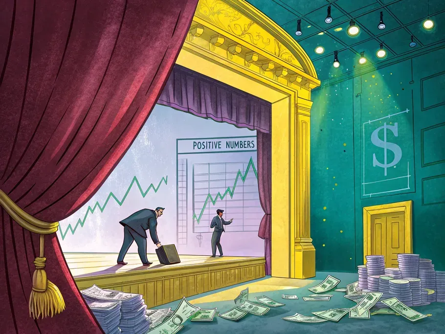 A dramatic illustration of a stage with positive financial numbers and chaos behind the curtain, symbolizing solvency challenges.
