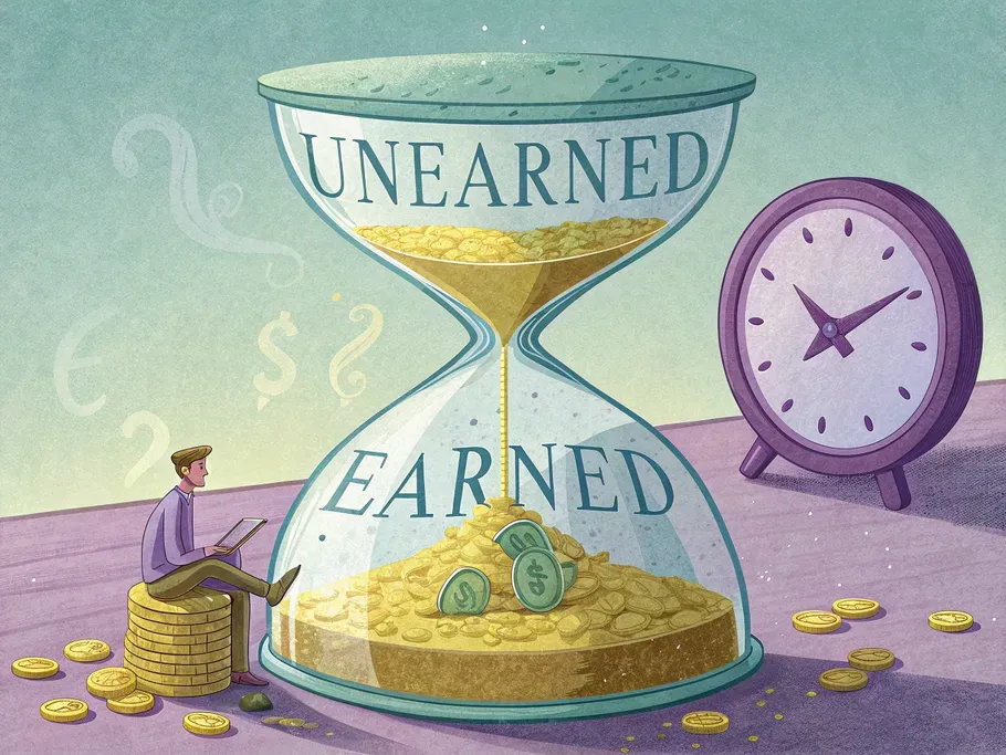 A stylized hourglass depicting the flow of deferred revenue with coins moving from 'Unearned' to 'Earned'.
