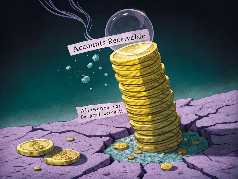 A column of gold coins labeled 'Accounts Receivable' on a cracked surface, protected by a bubble labeled 'Allowance for Doubtful Accounts'.