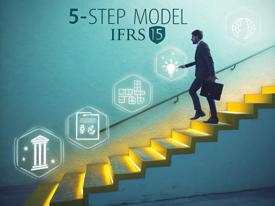 An ascending staircase with glowing financial symbols, representing the 5-Step Model of IFRS 15.