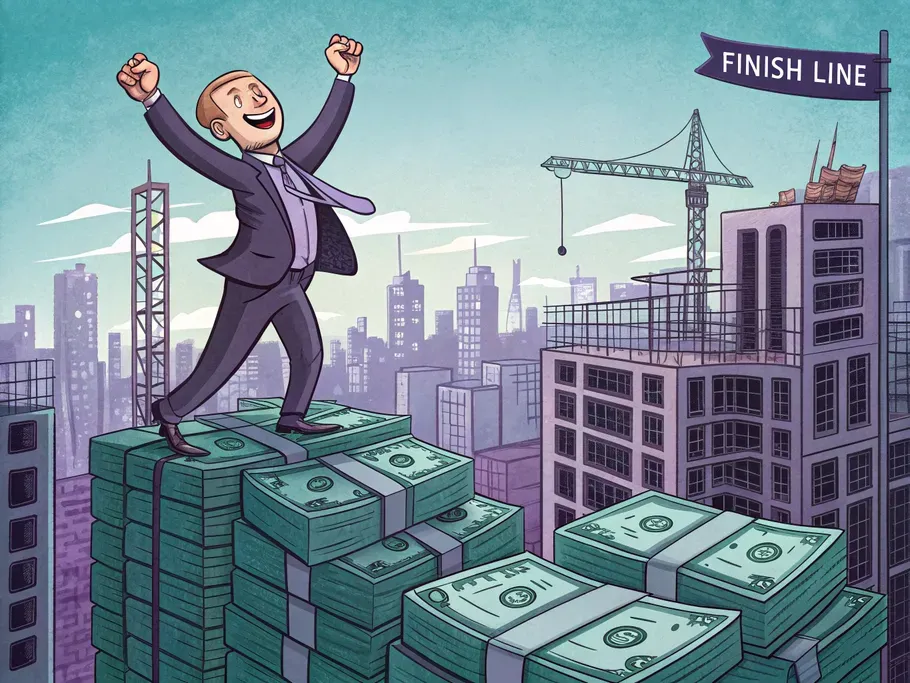 A confident businessperson celebrates atop a stack of cash in front of a distant finish line.