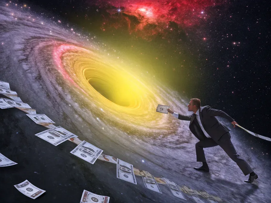 A businessman attempts to grasp dollar bills being consumed by a black hole in space.
