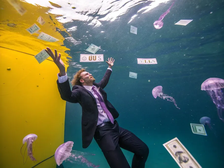 A business executive submerged underwater, surrounded by floating bills and IOUs, symbolizing financial struggles.