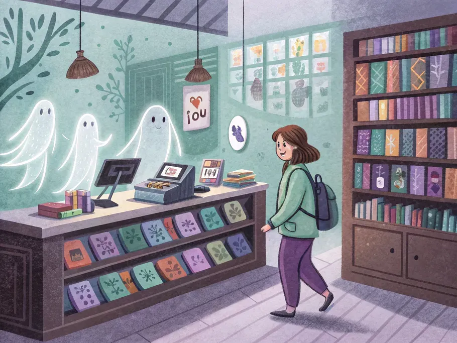 A whimsical illustration of a cozy bookstore with ghostly figures of customers leaving with books, symbolizing bad debt.