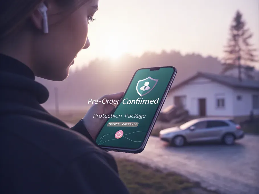 Close-up of a hand holding a smartphone displaying a 'pre-order confirmed' screen for a digital Protection Package.