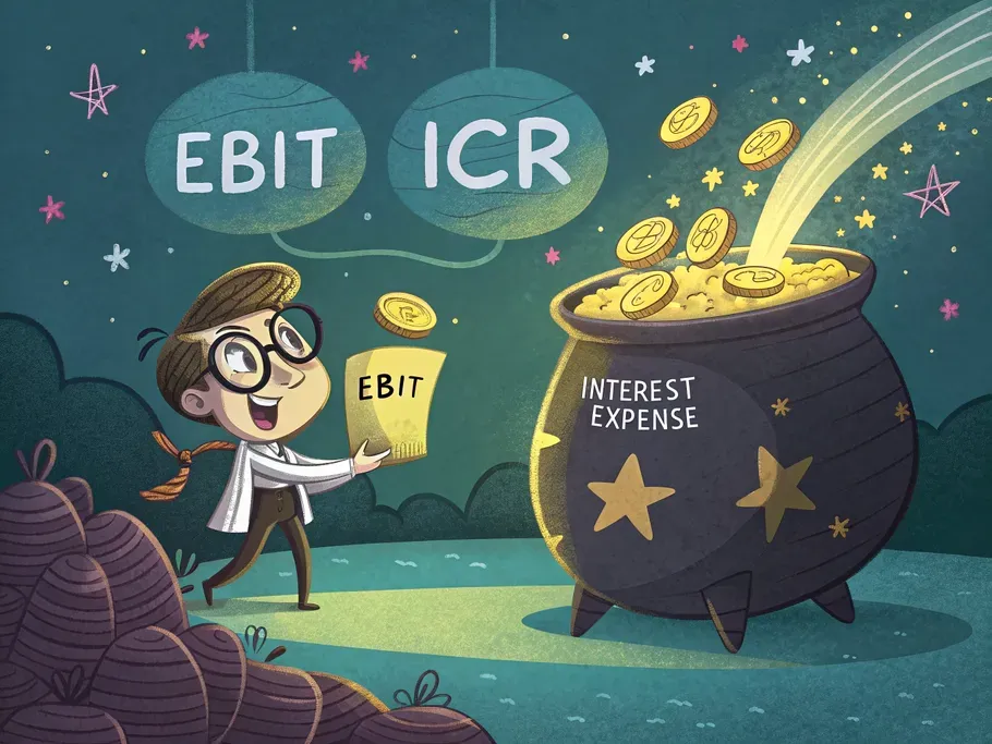 A cartoon accountant pouring golden coins labeled 'EBIT' into a cauldron with 'Interest Expense' at the bottom, illustrating the interest coverage ratio formula.