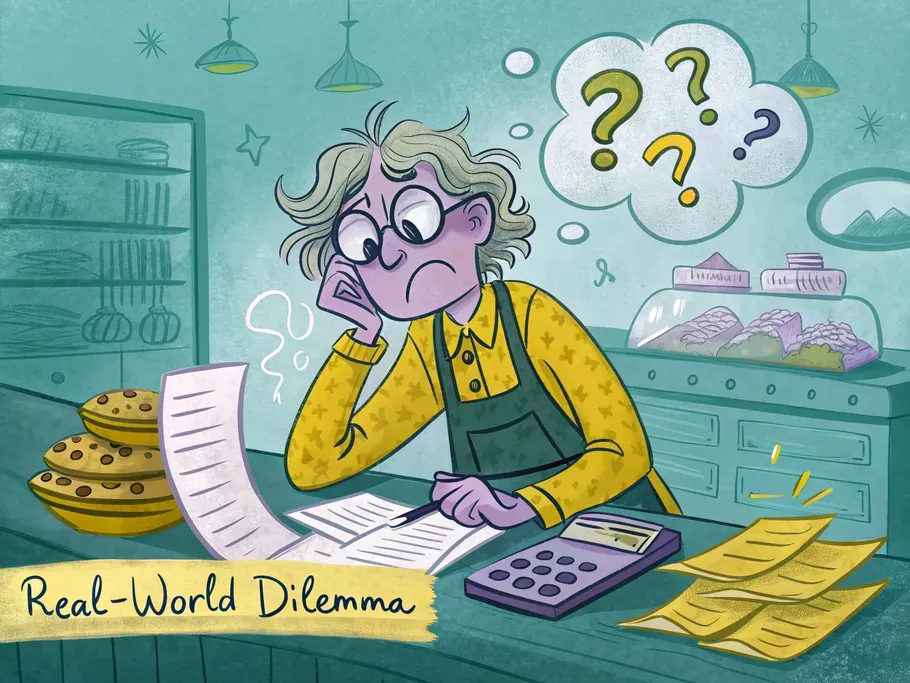 A bewildered small business owner overwhelmed by financial documents at a cluttered desk.