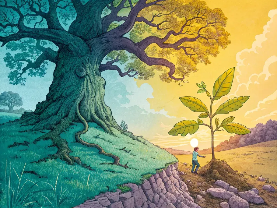 A whimsical illustration showing a large oak tree representing an established company on one side and a small sapling symbolizing a young startup on the other.