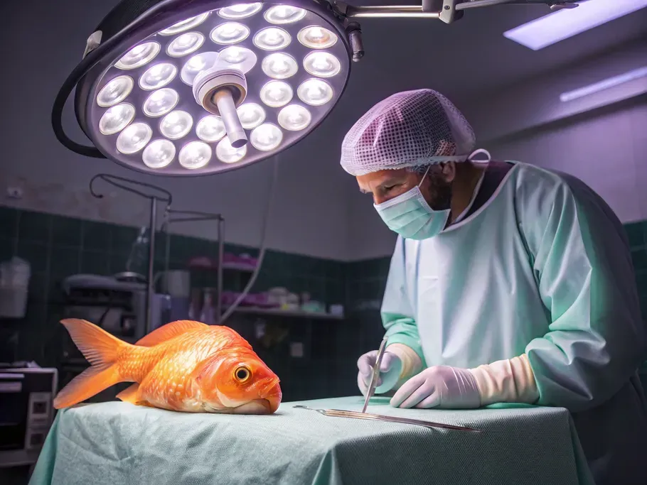 A surreal scene of a goldfish on an operating table with a veterinarian performing surgery.