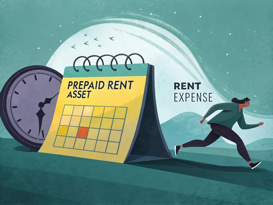 Illustrative scene depicting a dynamic calendar page turning, showing prepaid rent converting to rent expense.