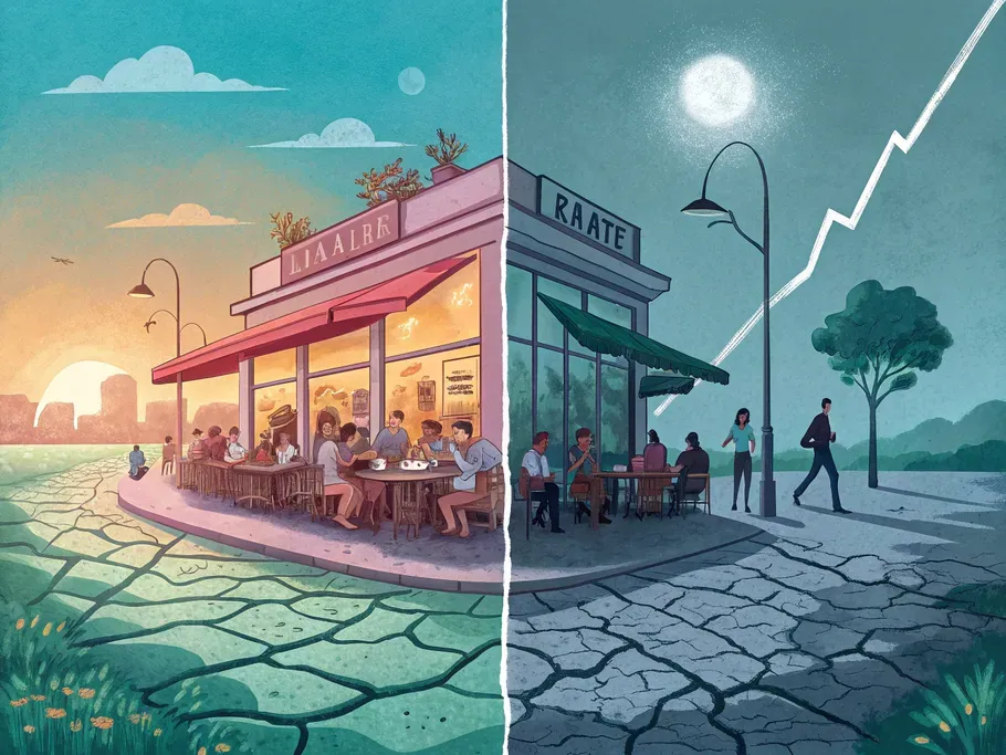 A split-screen image showing the contrast between positive equity and negative equity in a small business environment.