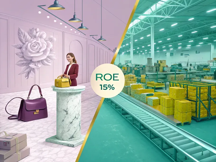 Whimsical illustration showing contrasting business worlds: luxury boutique on the left and a bustling warehouse on the right, both leading to a glowing ROE trophy at 15%.