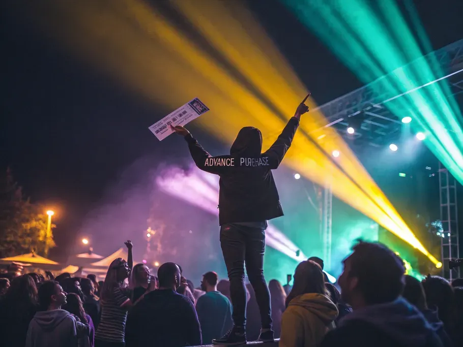 A person at a concert raising their arms with excitement, holding an advance purchase ticket.