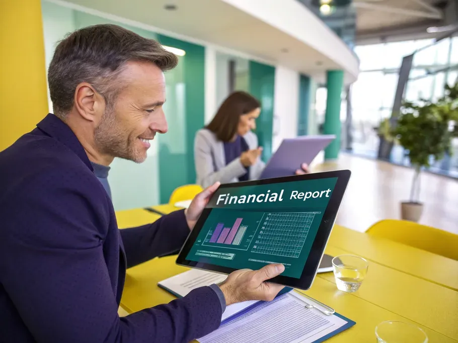 Business owner analyzing financial report on a tablet in a modern office setting.