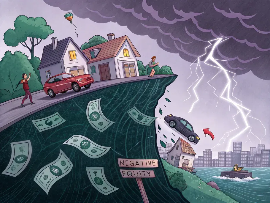 Dynamic scene illustrating assets sliding down a cliff made of dollar bills, symbolizing negative equity.