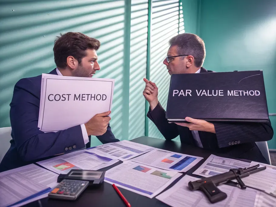 Two accountants in a modern office fiercely debating accounting methods, one representing the cost method and the other the par value method.