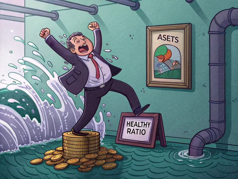 Frantic CEO standing on gold coins labeled 'Healthy Ratio' amidst a chaotic office environment.