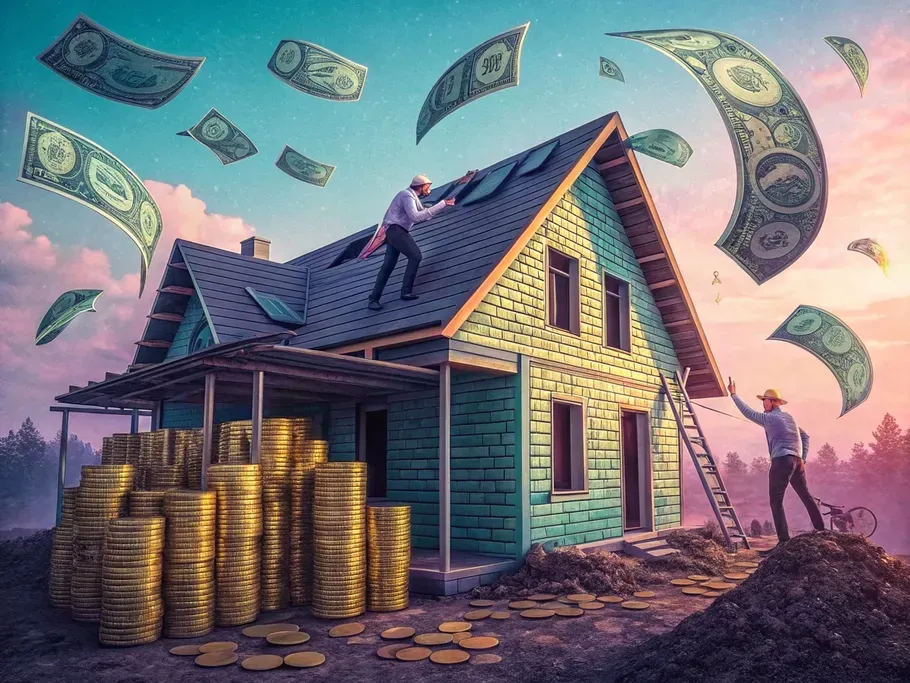 A surreal image of a house being constructed with giant gold coins and fluttering dollar bills, symbolizing financial growth through property improvements.