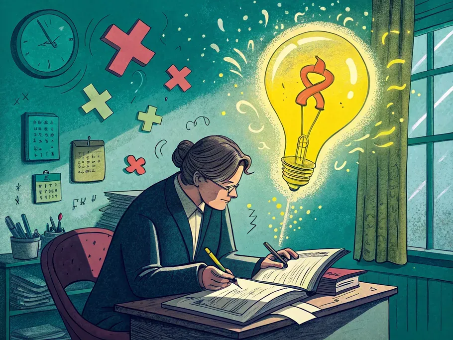 An accountant experiencing a lightbulb moment while working on ledger books, surrounded by symbols of credits and debits.