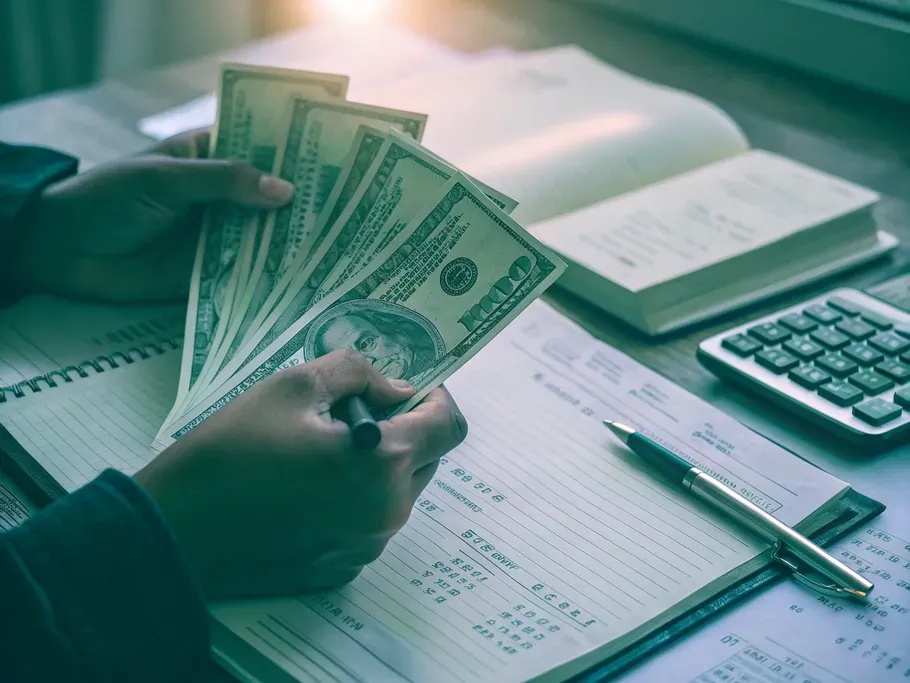 Hands holding a stack of hundred-dollar bills above an open leather-bound accounting ledger.