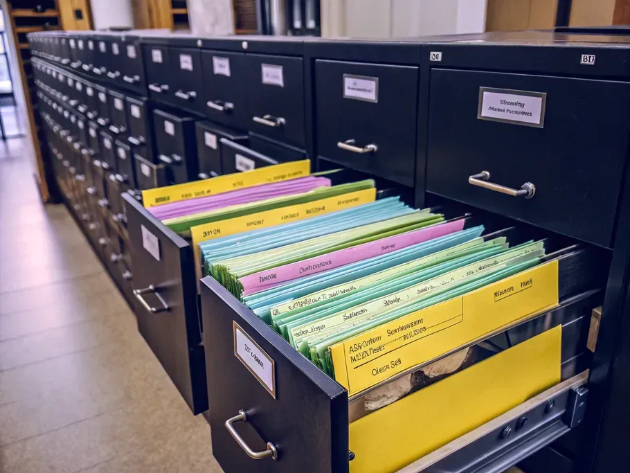 Close-up of an organized filing cabinet with labeled drawers showcasing documents.