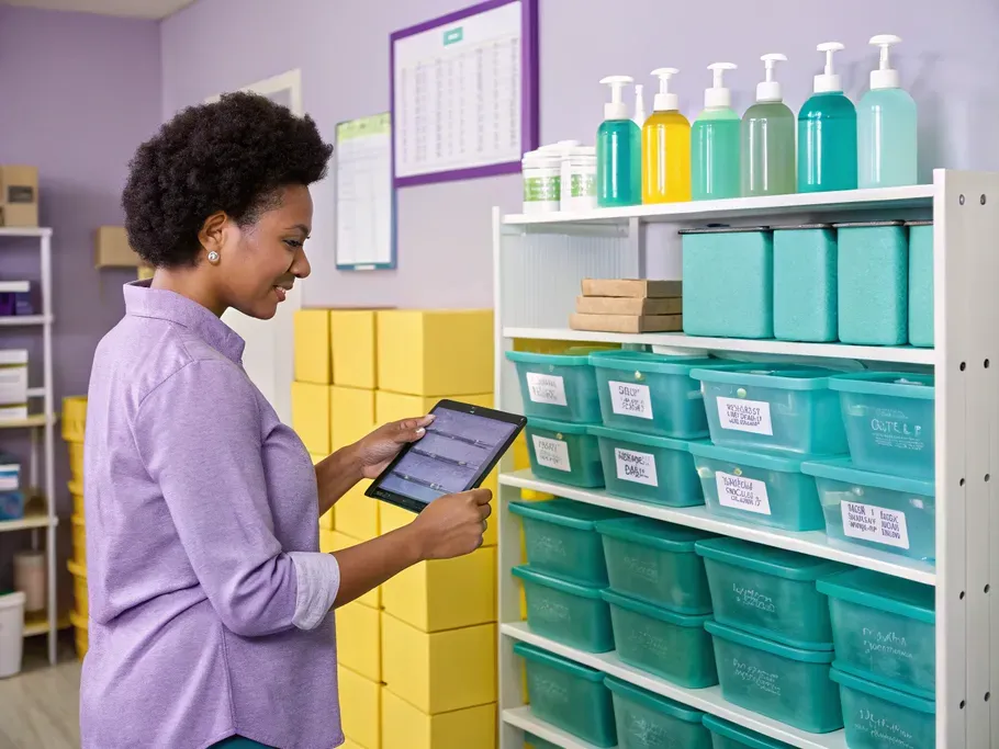 A small business owner organizing supplies in a clean storage area, using a tablet for inventory management.