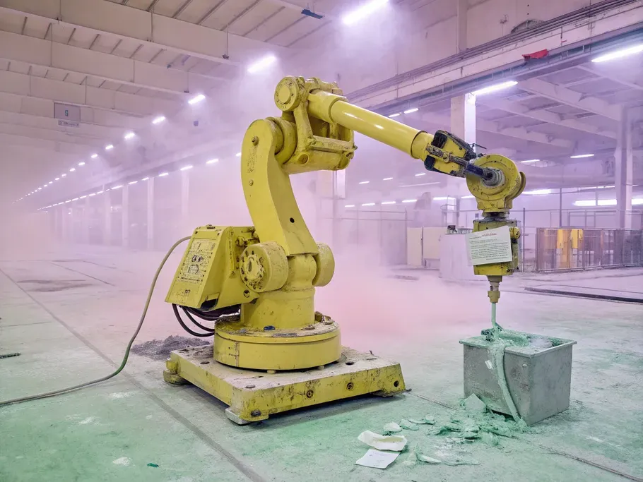 A massive, idle industrial robotic arm in a dusty factory, symbolizing underutilized resources and financial inefficiency.