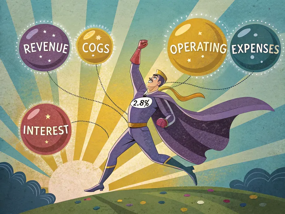 A superhero figure juggling orbs labeled with financial terms representing an interest coverage ratio.