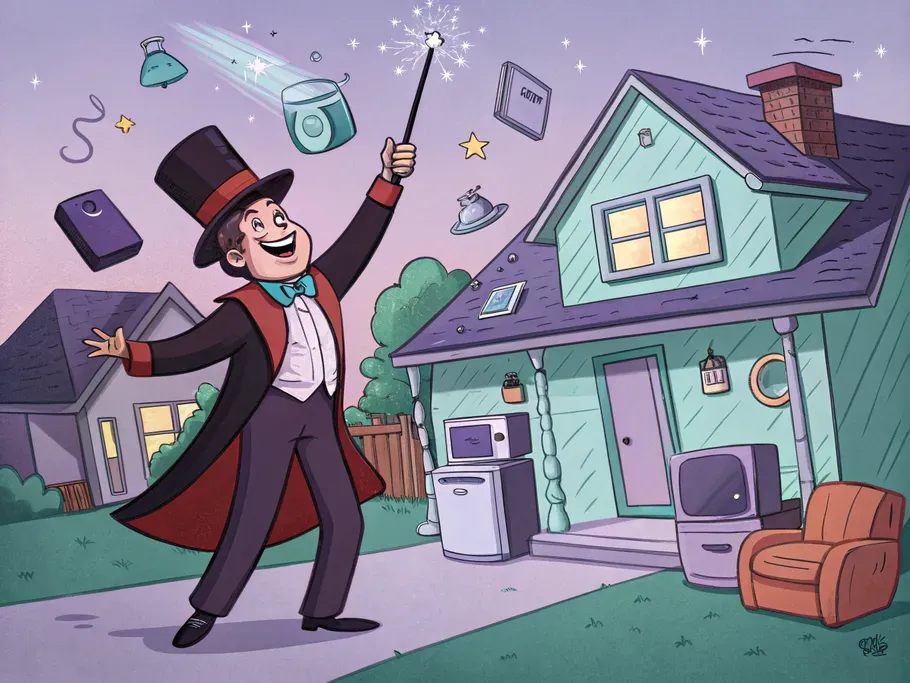 A cartoon magician landlord conjuring household items in front of a rental house.