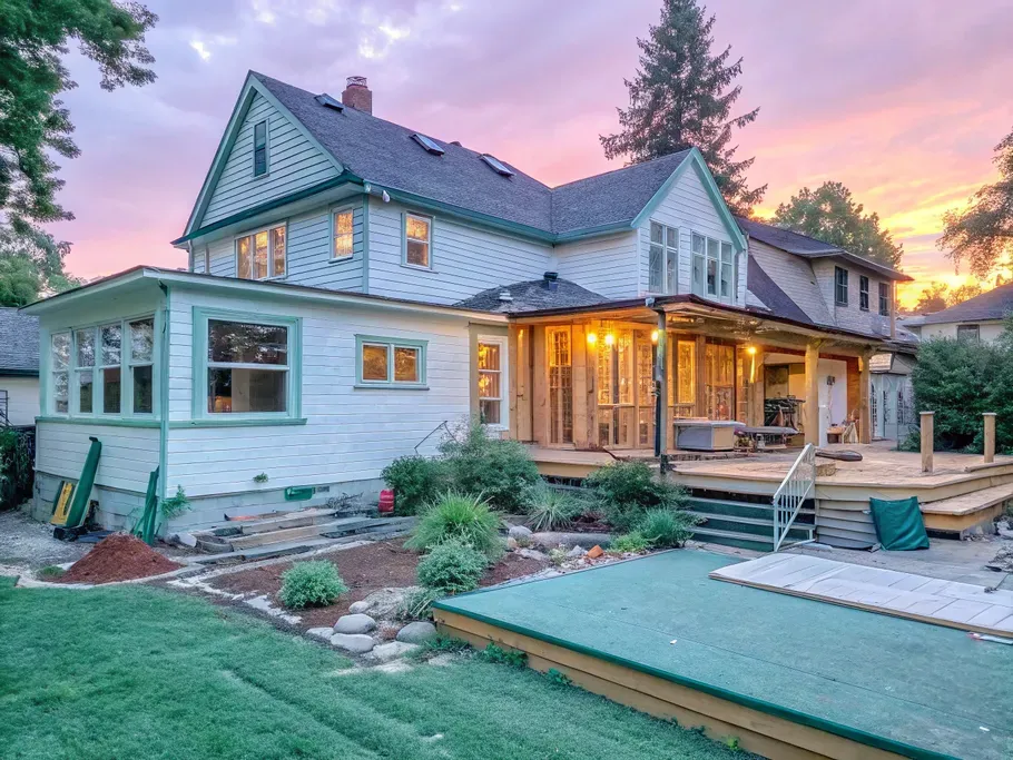 A transforming house under renovation showcasing a modern deck, gleaming appliances, and lush landscaping.