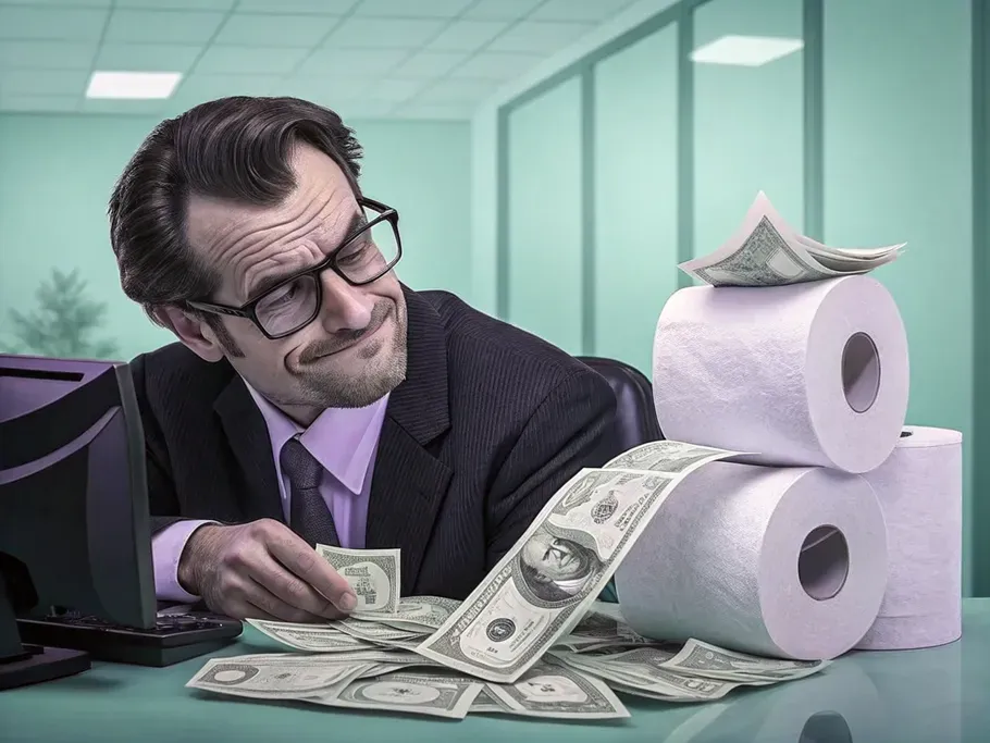 A serious-looking accountant with a smirk, surrounded by dollar bills transforming into toilet paper.