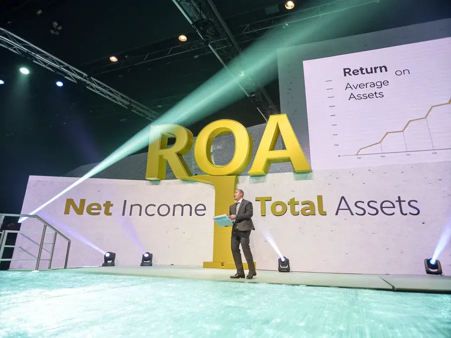 3D representation of the return on assets formula with glowing elements and data streams.
