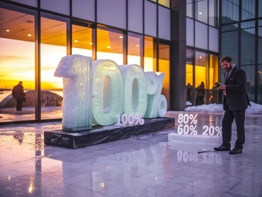 A massive ice sculpture of '100%' melting in a corporate lobby, symbolizing the phase-out of bonus depreciation.