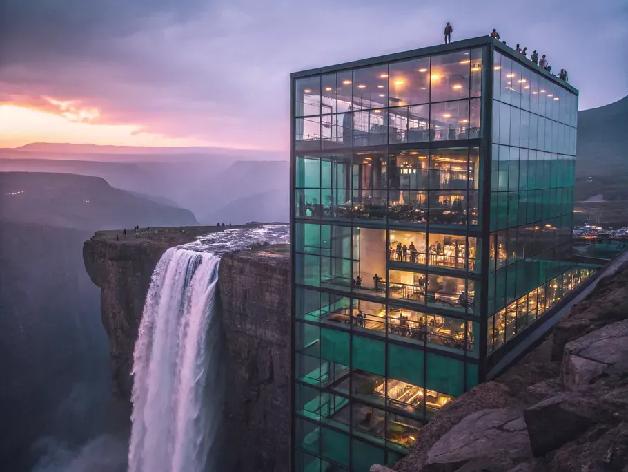 A modern glass office building shaped like a giant safe vault with cash flowing like a waterfall, sitting on a cliff edge.
