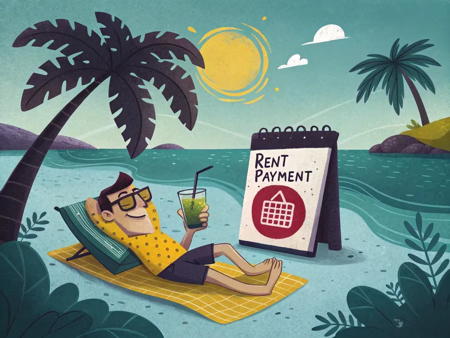 A cartoon landlord relaxing on a beach with a mojito and a rent payment calendar.